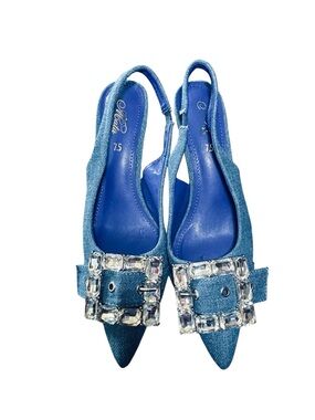 Mata Shoes Blue Pointed Slingback kitten heel with Crystal Buckle size 7 1/2
